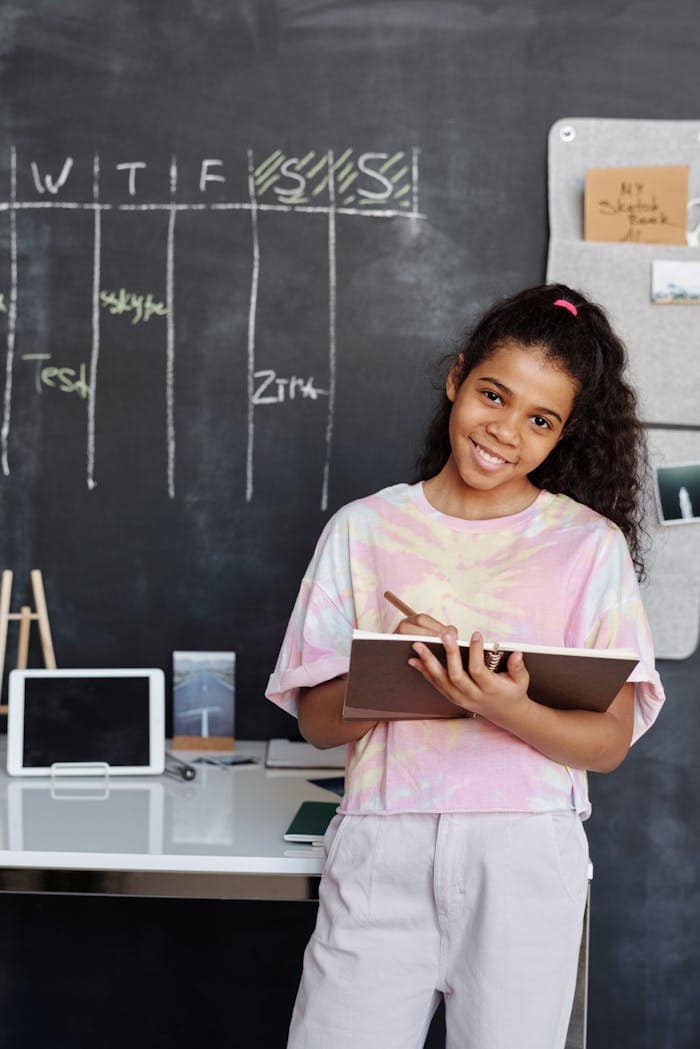 Accueil Teen girl smiles while studying indoors, holding a notebook in front of a blackboard.
